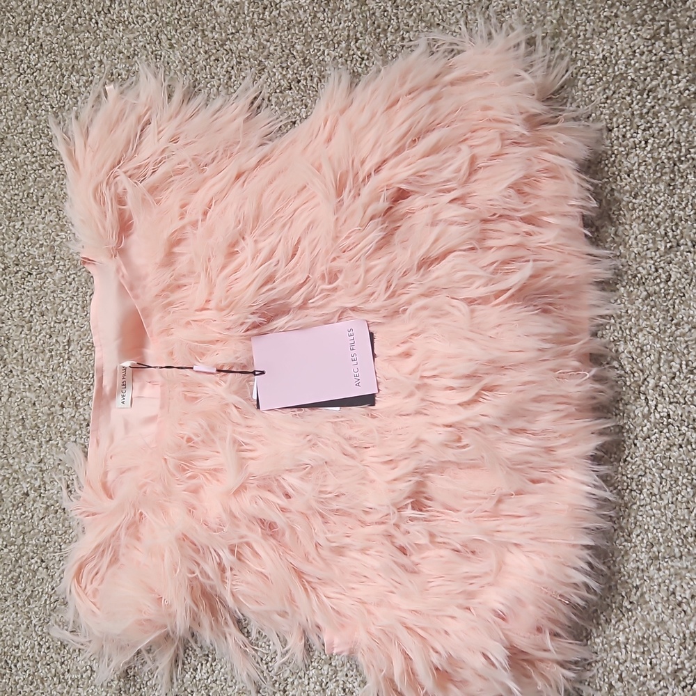 Avec Les Filles Women's Pink Feather Vest Sleeveless Back Zip Jewel Neckline L
